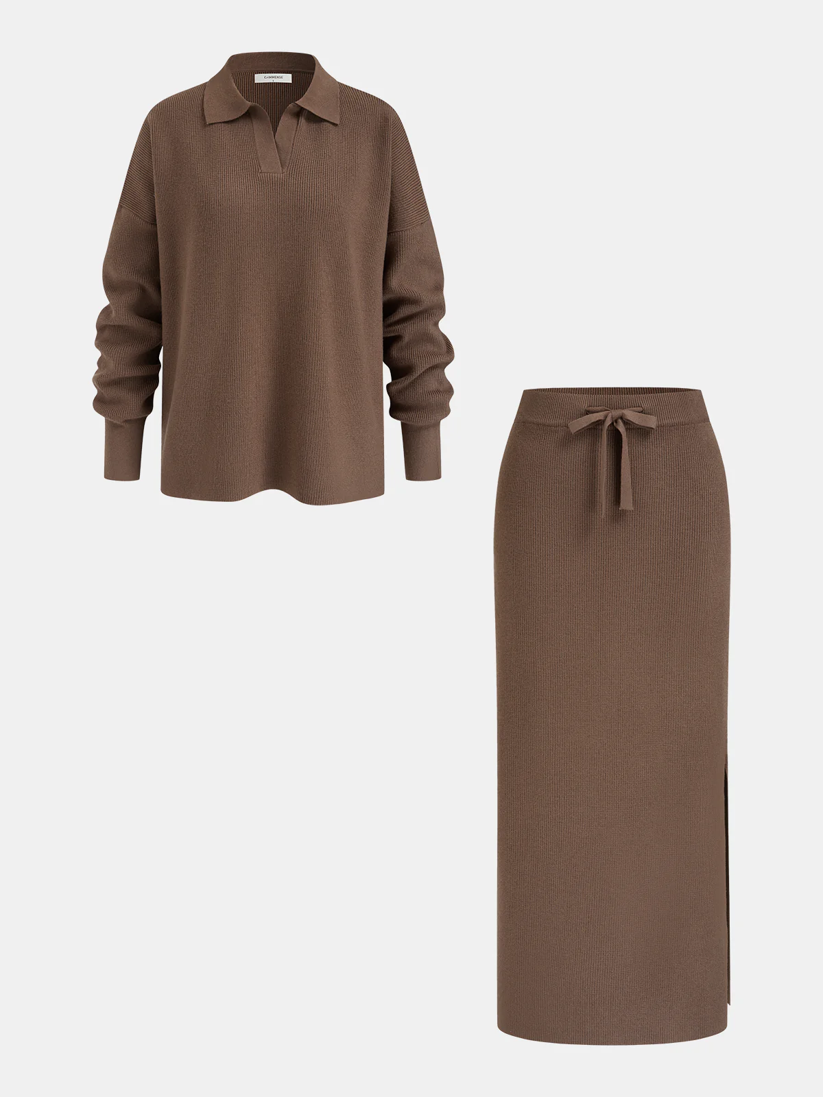 Polo-Neck Knit Top & Tie-Waist Midi Skirt Set