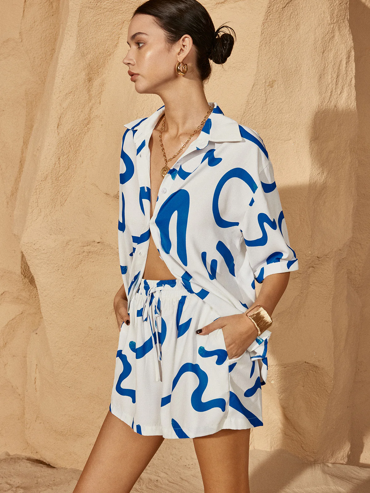 Print Drawstring Shift Shorts Set - Image 2