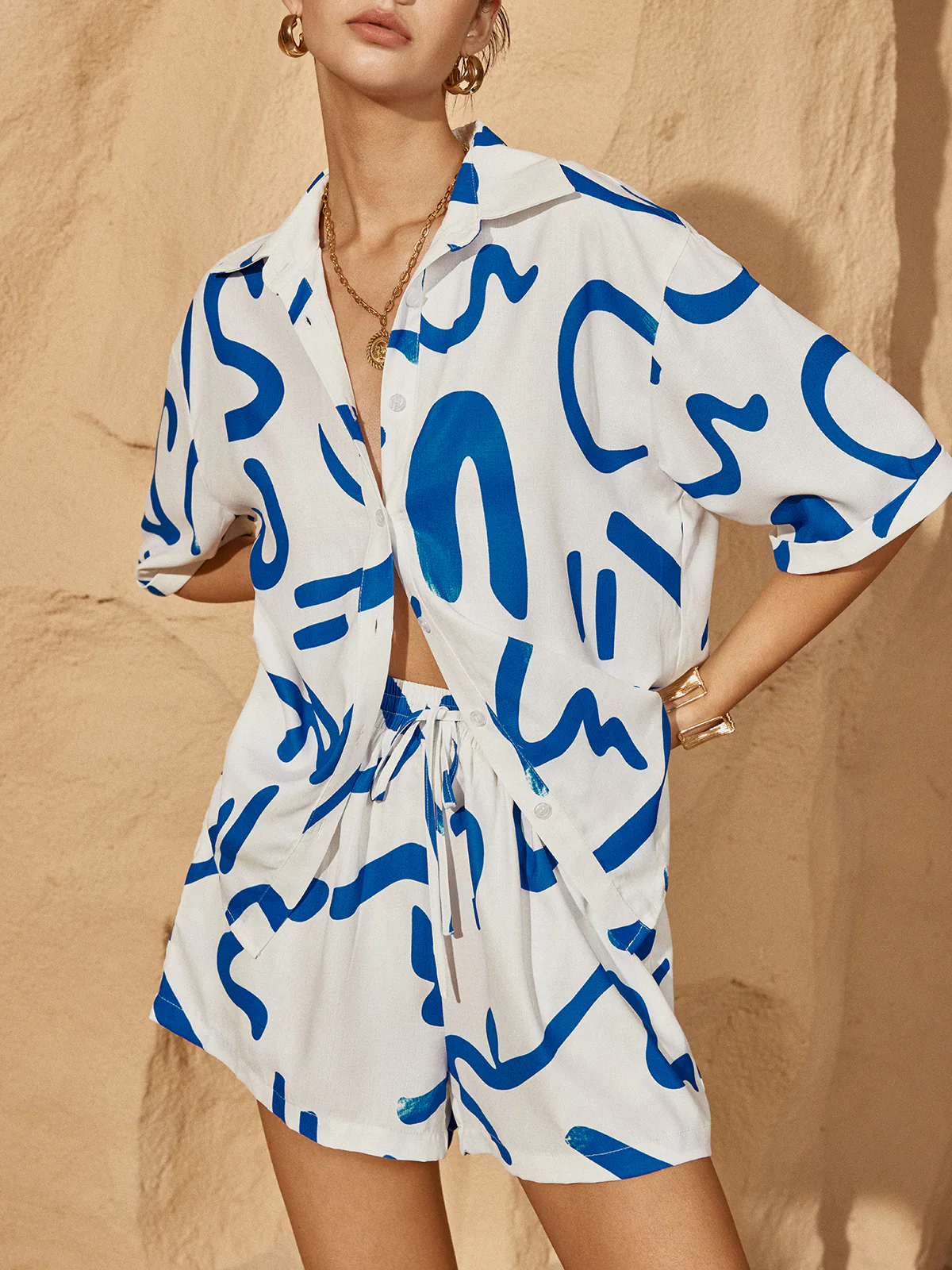 Print Drawstring Shift Shorts Set - Image 3