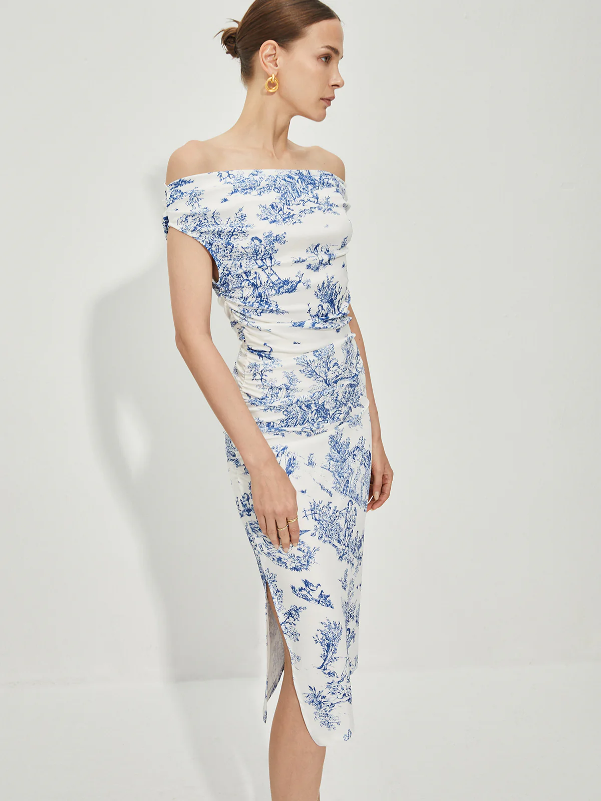 Print Straight Neck Split Dress - Image 4