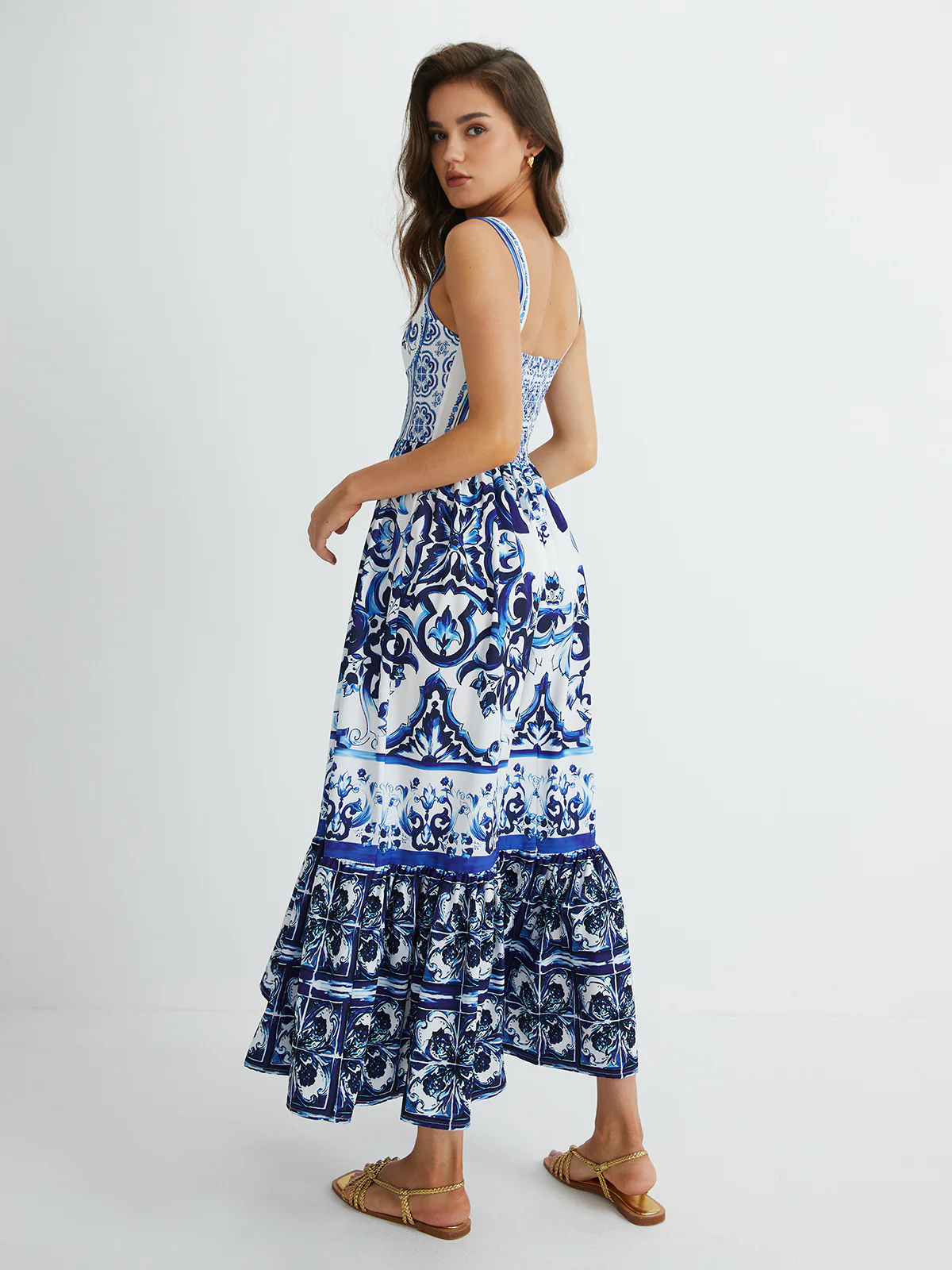 Print Strap Pleated Long Dress - Image 4