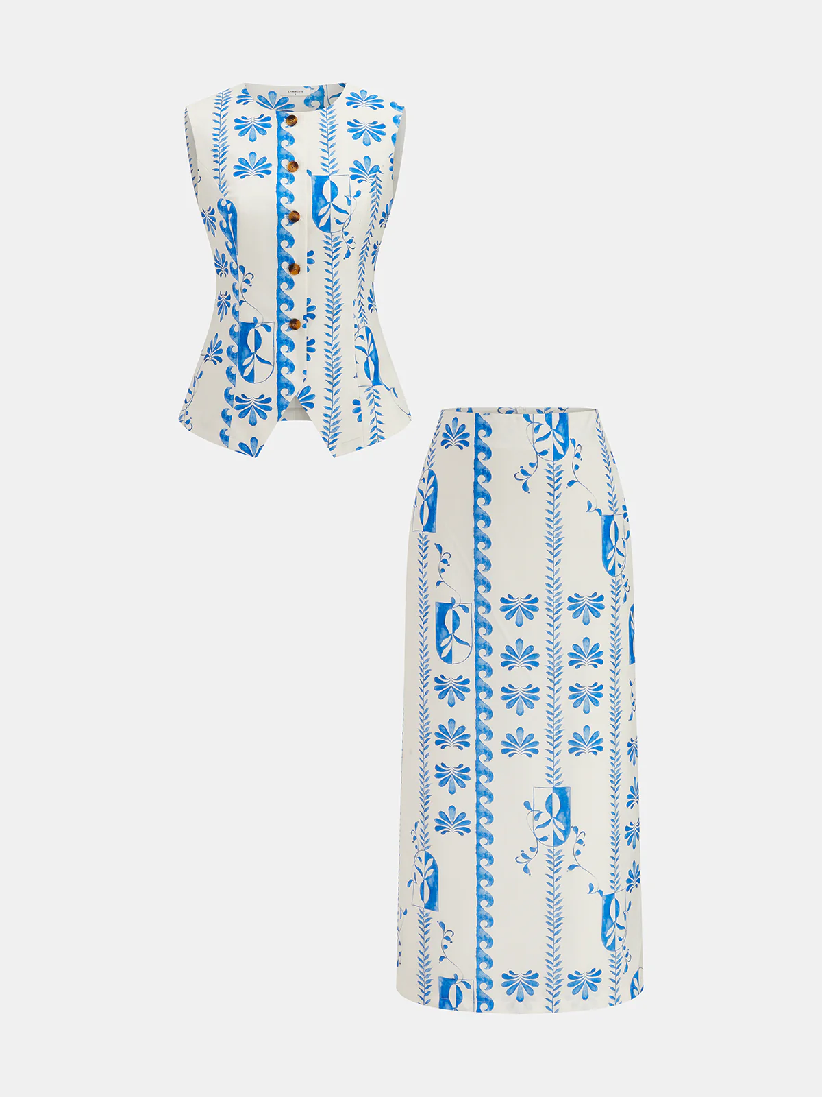 Printed Buttoned Vest & Maxi Skirt Set - Image 2