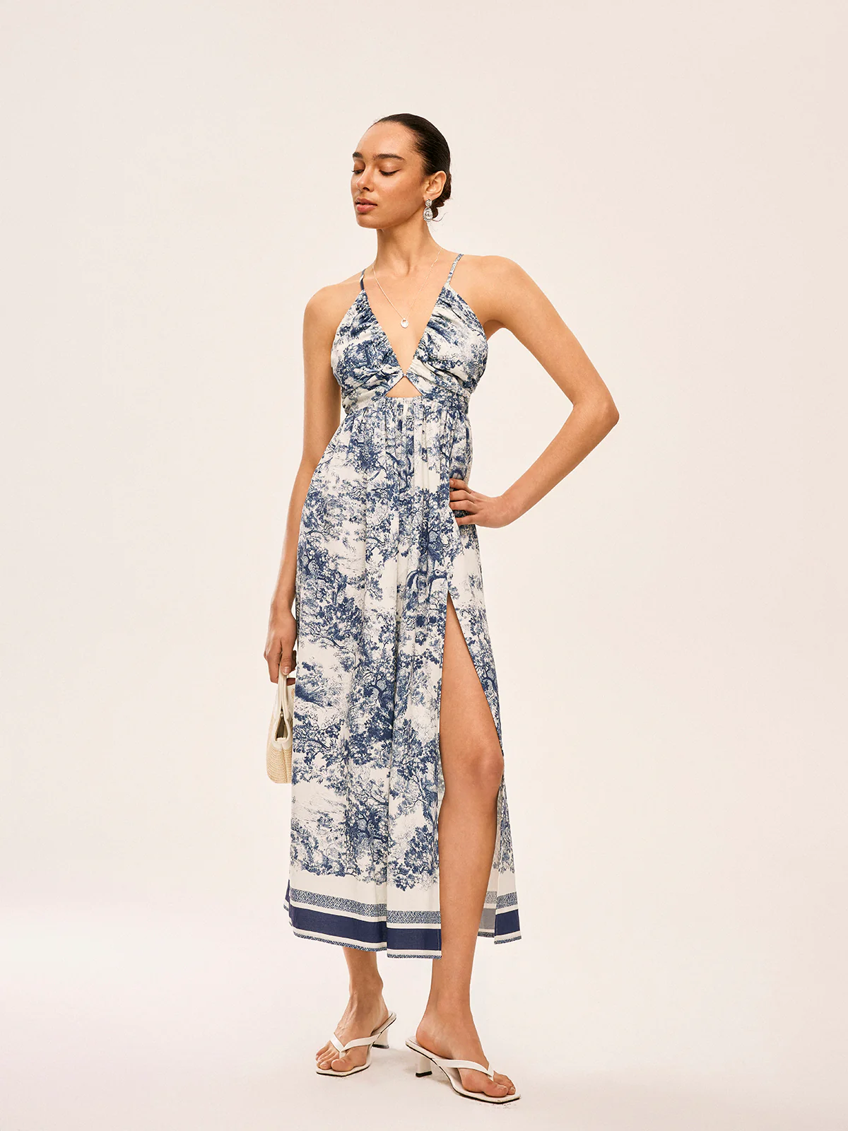 Printed Contrast Trim Knotted Spilt Dress - Image 2