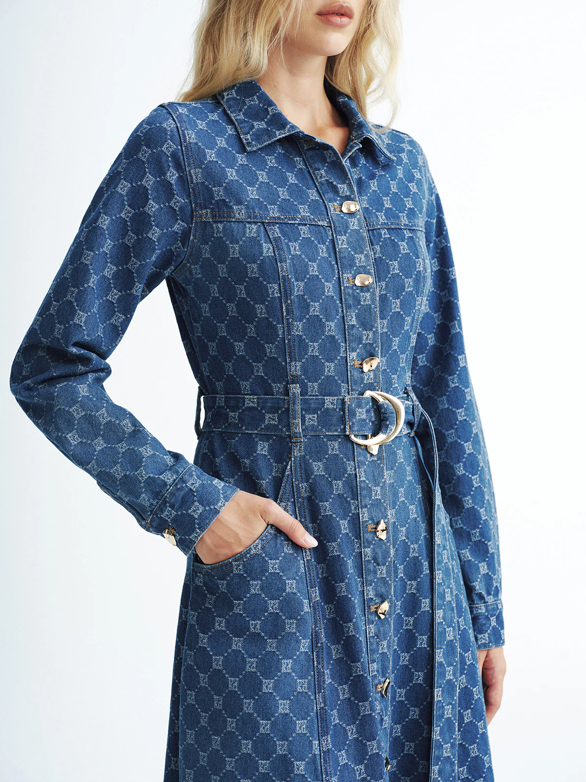 Printed Denim Belted Midi Shirt Dress - Image 3