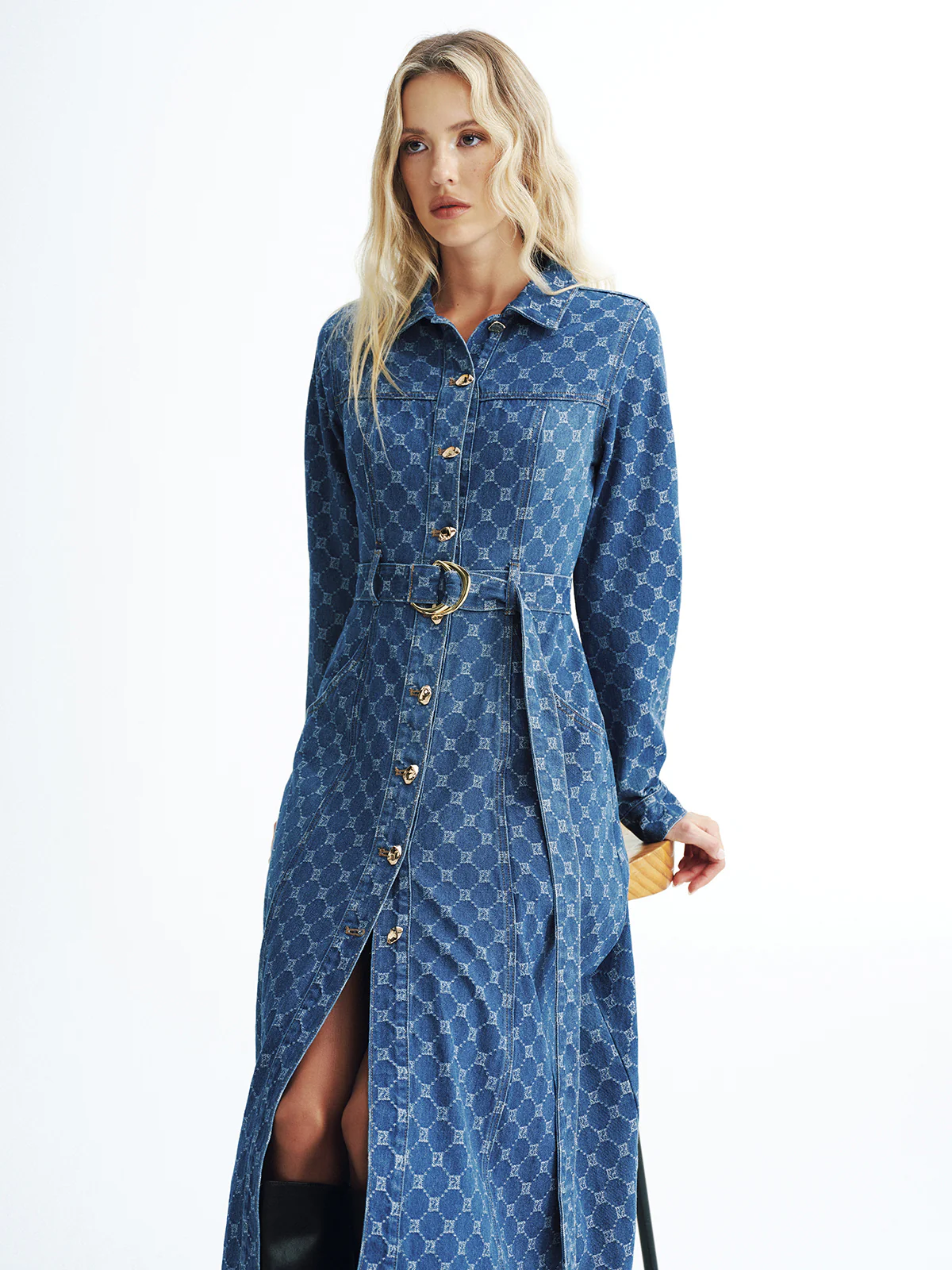 Printed Denim Belted Midi Shirt Dress - Image 4