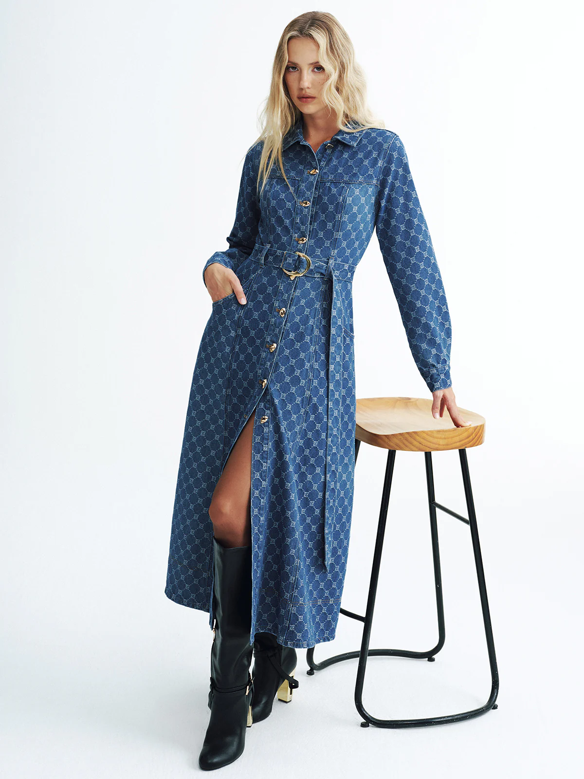 Printed Denim Belted Midi Shirt Dress - Image 5