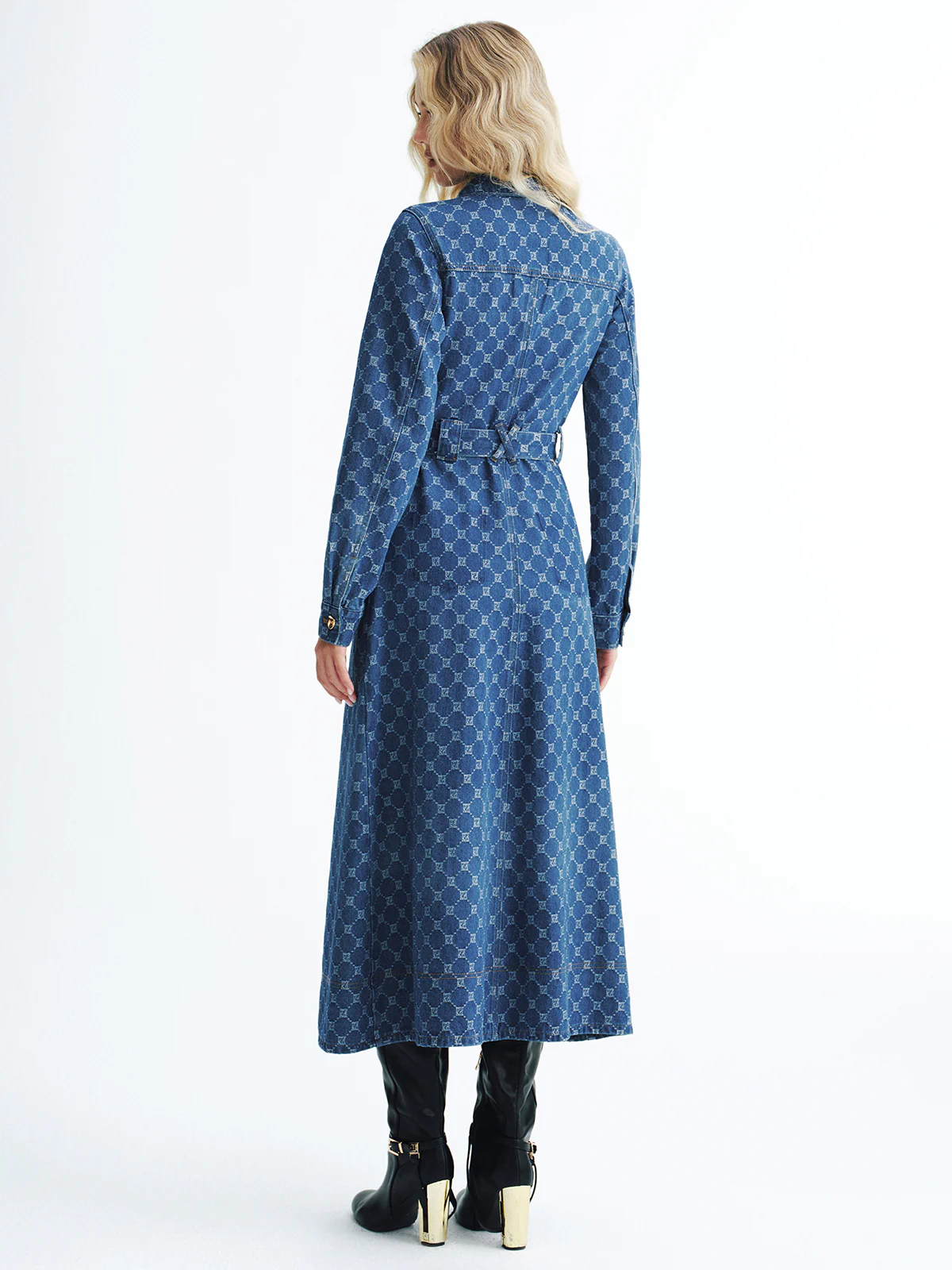 Printed Denim Belted Midi Shirt Dress - Image 6