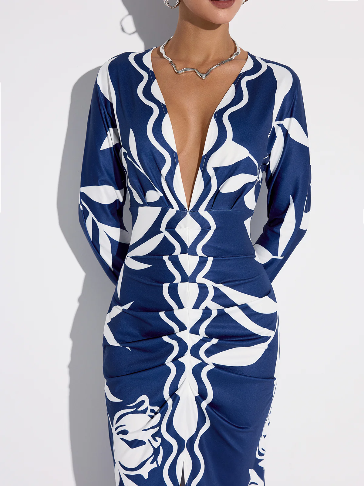 Printed Plunge Neck Slit Midi Dress - Image 4