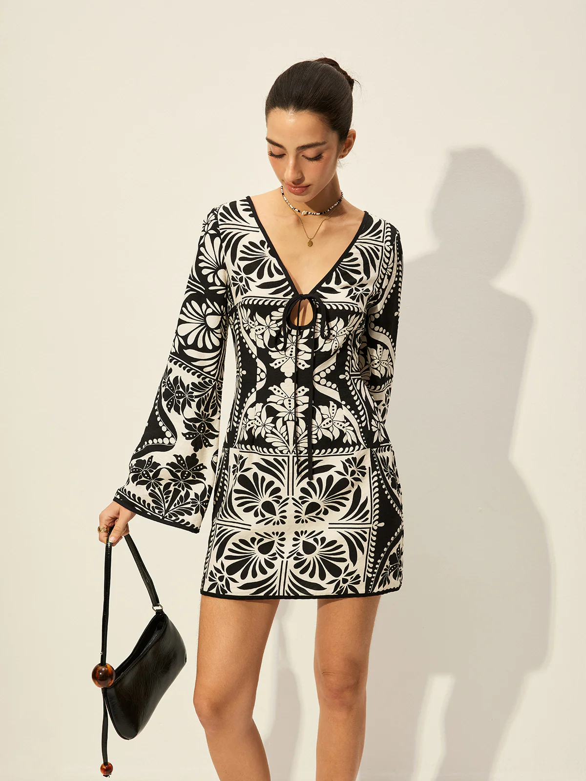 Printed Tie-Front Bell Sleeve Dress - Image 2