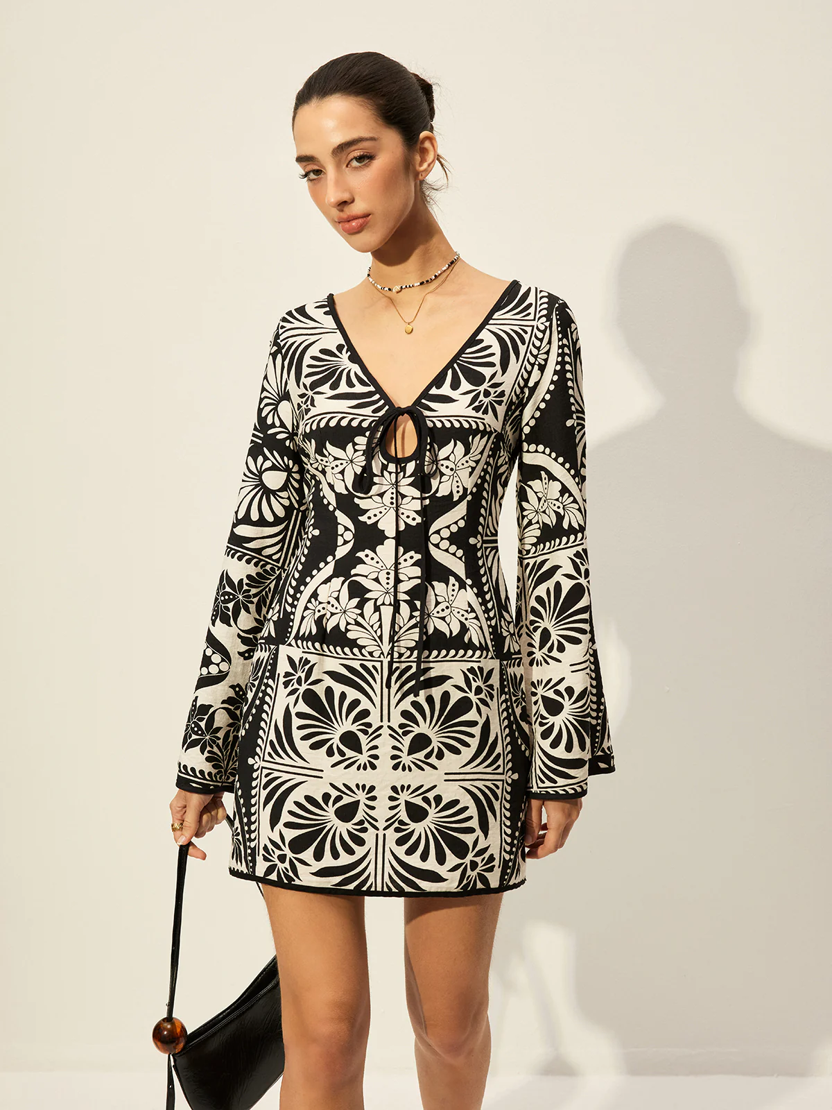 Printed Tie-Front Bell Sleeve Dress - Image 4