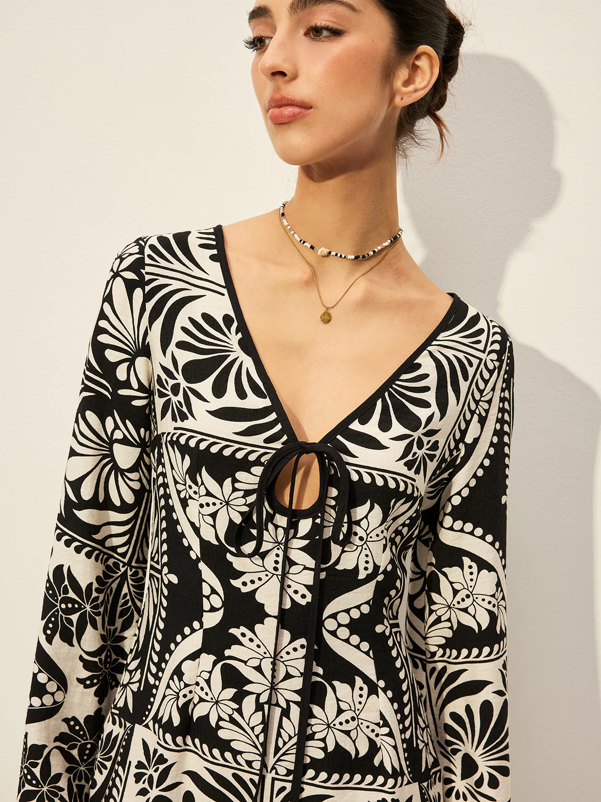 Printed Tie-Front Bell Sleeve Dress - Image 6
