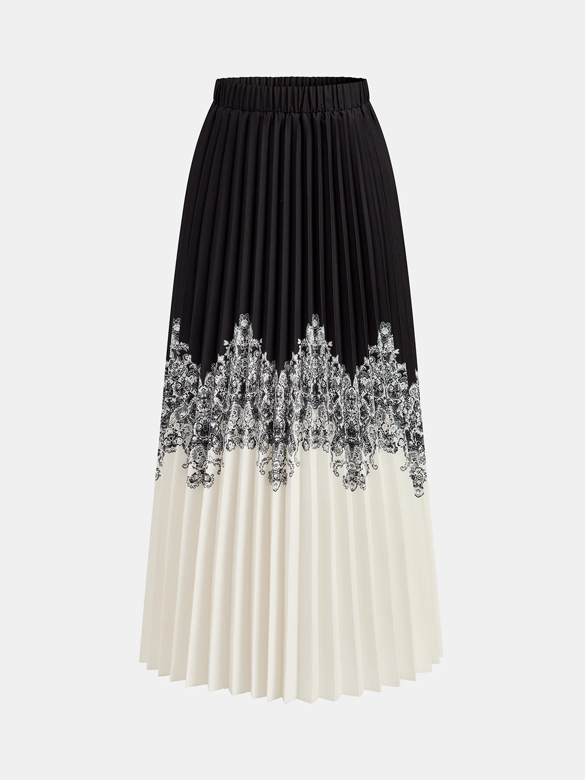 Printed Two-Tone Pleated Maxi Skirt