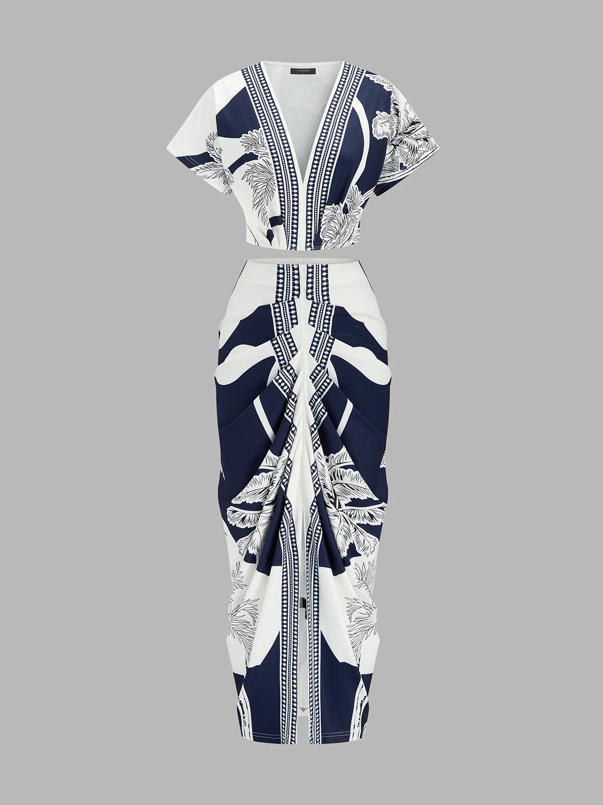 Printed V-Neck Top & Ruched Midi Skirt Set - Image 2