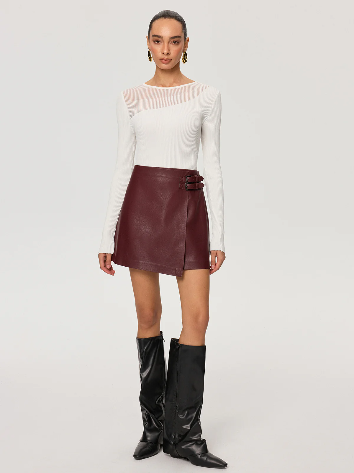 PU Leather Asymmetric Skirt with Double-Belt Detail - Image 3
