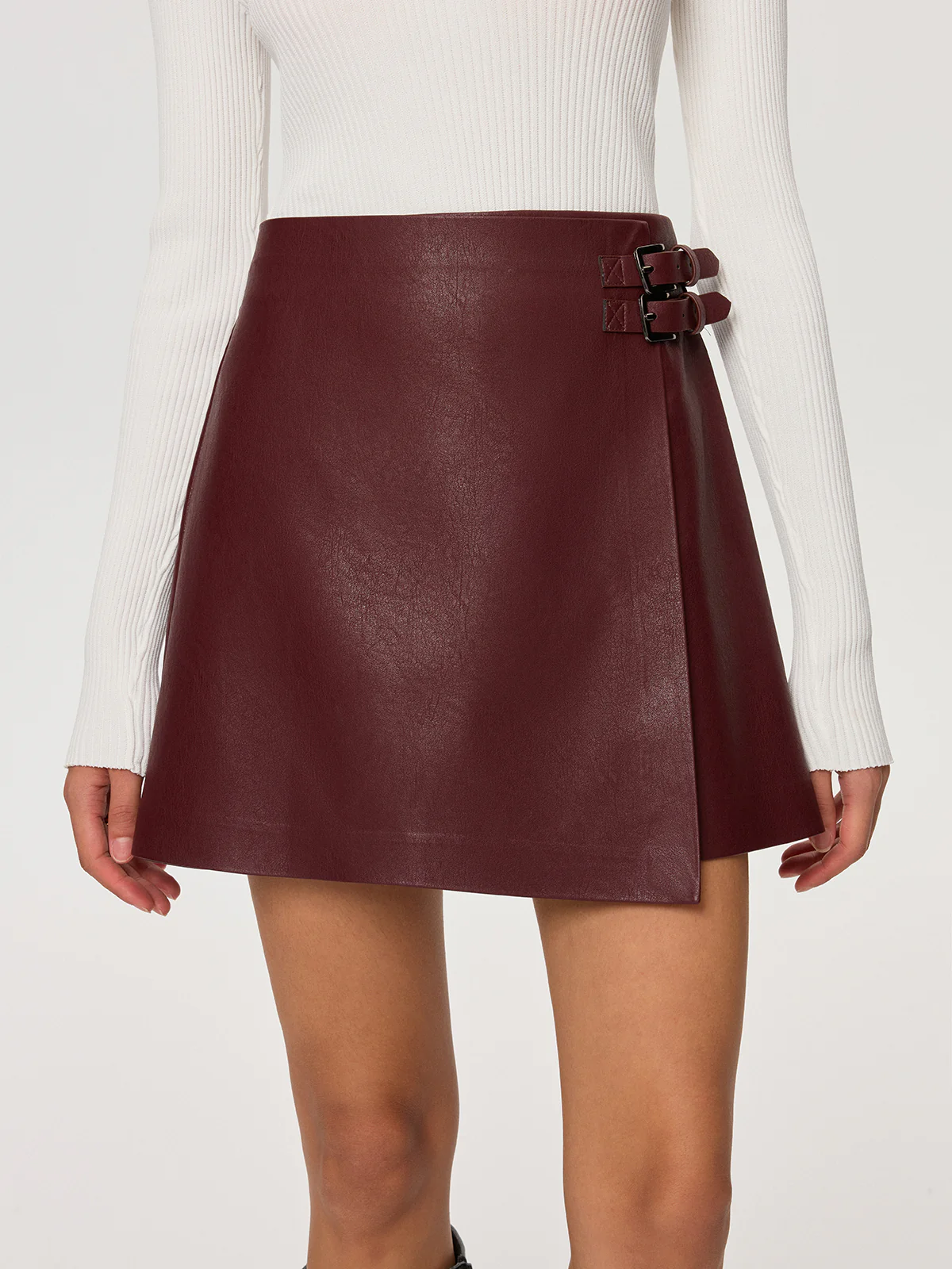 PU Leather Asymmetric Skirt with Double-Belt Detail - Image 5