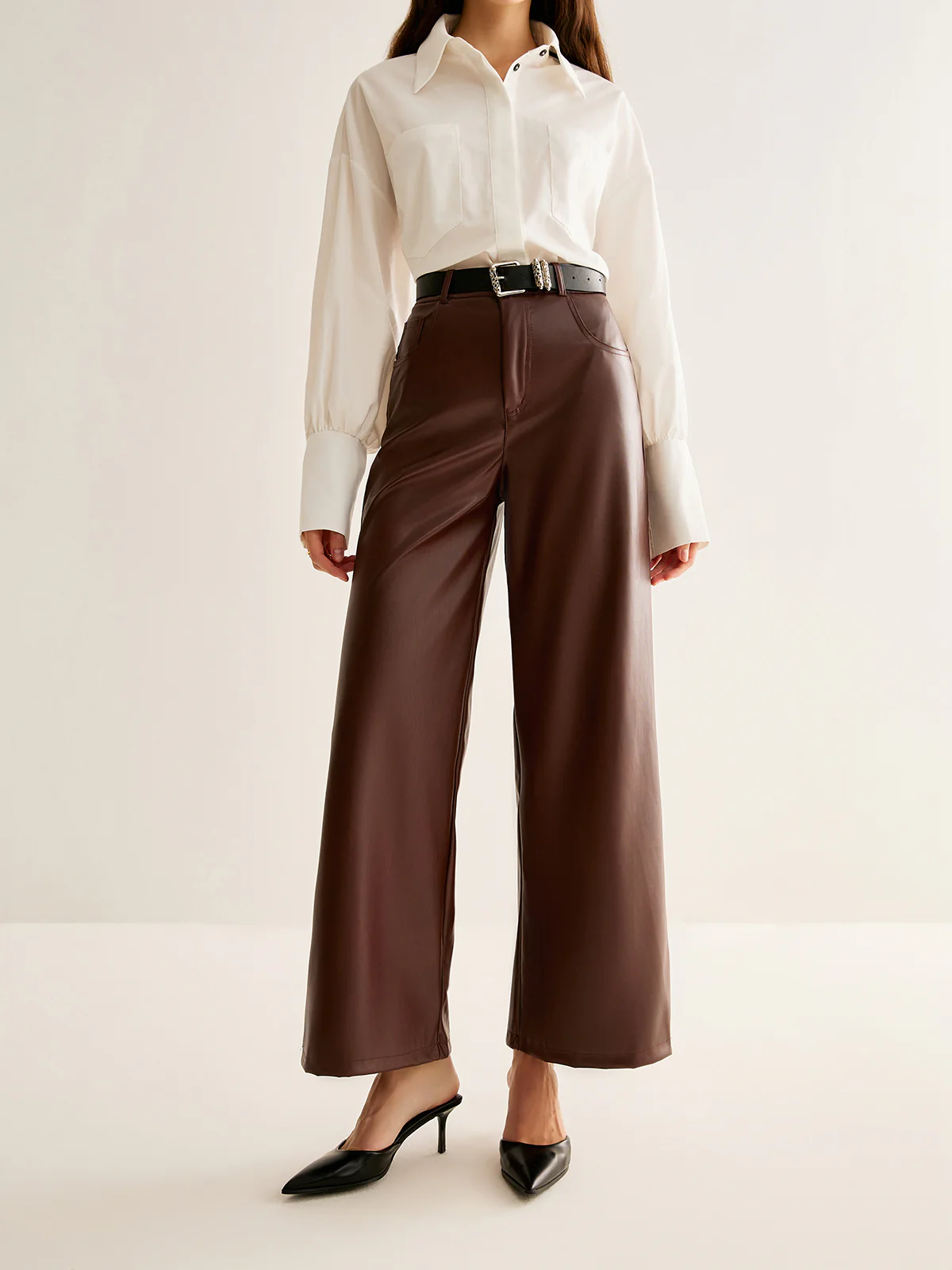 PU Leather Belted Straight Pants - Image 3