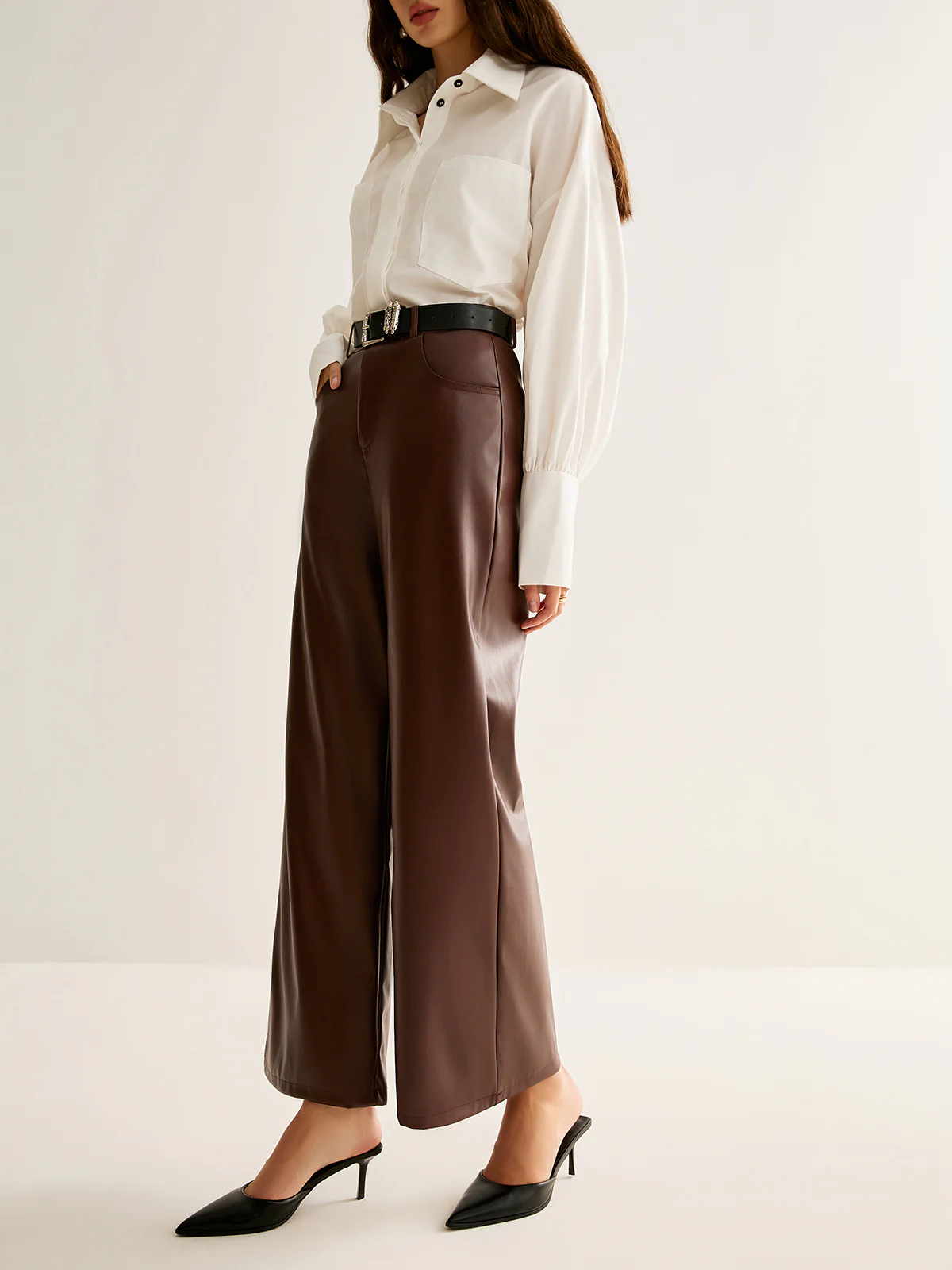 PU Leather Belted Straight Pants - Image 5