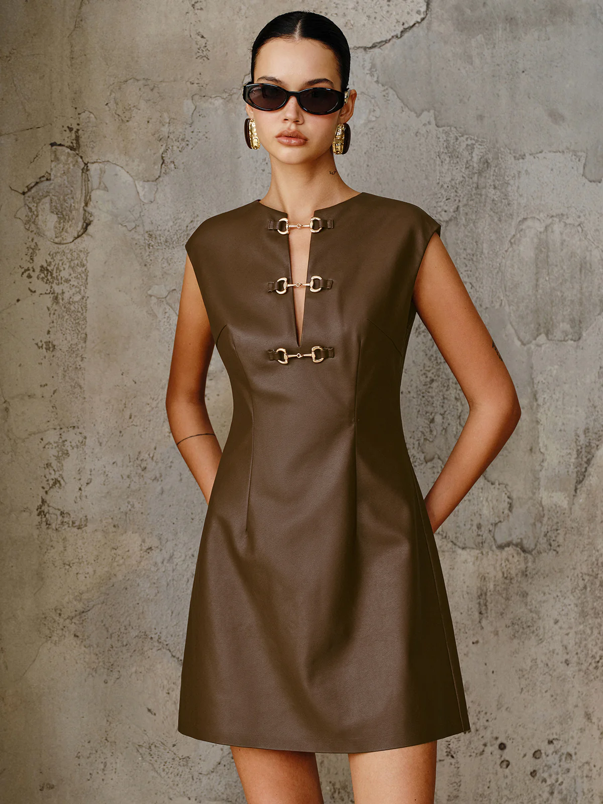 PU Leather Metal Buckle Sleeveless Mini Dress - Image 10