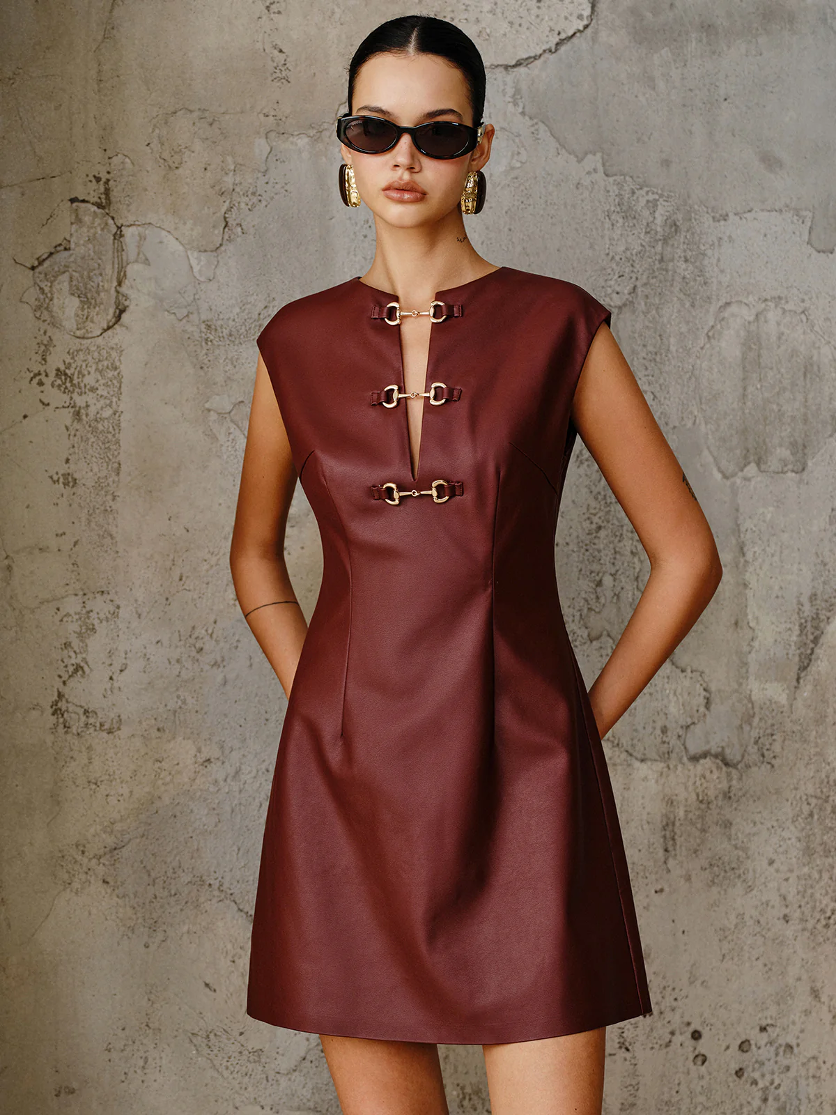 PU Leather Metal Buckle Sleeveless Mini Dress - Image 3
