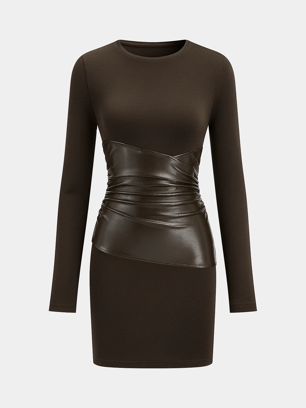 PU Leather Panel Long Sleeve Knit Dress - Image 6