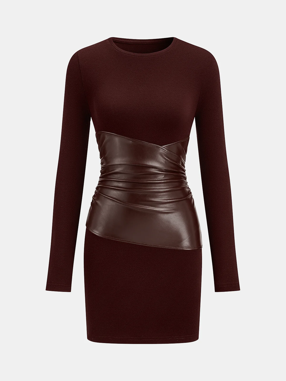 PU Leather Panel Long Sleeve Knit Dress - Image 7