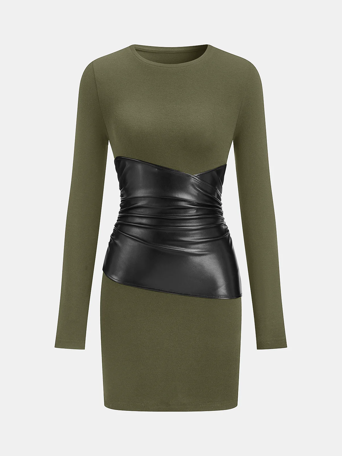 PU Leather Panel Long Sleeve Knit Dress - Image 9