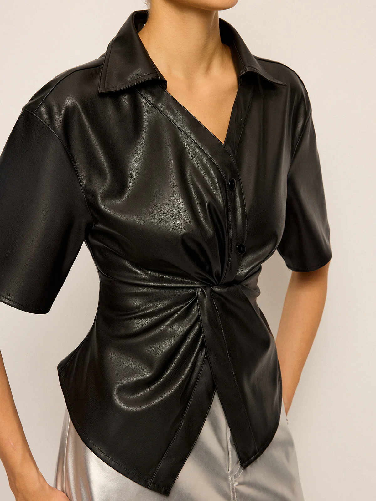 PU Leather Short Sleeve Twisted Blouse - Image 4