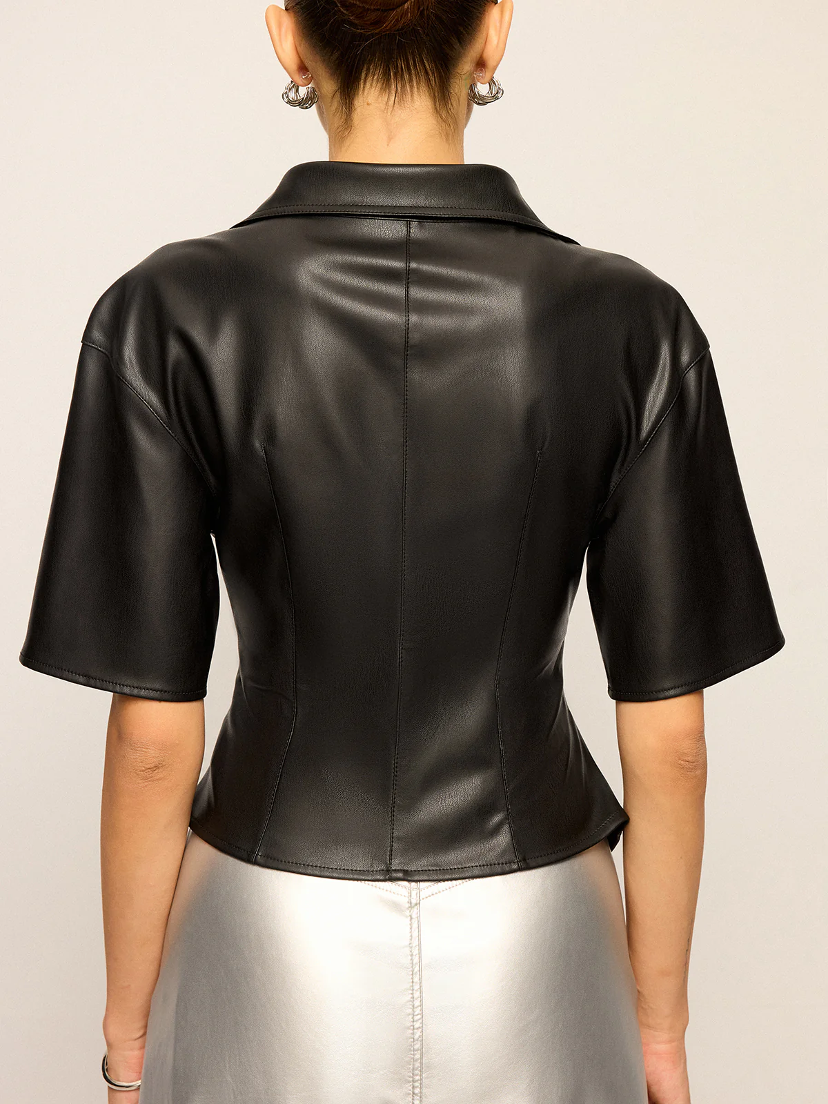 PU Leather Short Sleeve Twisted Blouse - Image 6