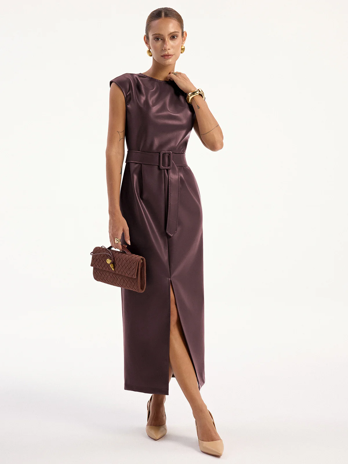 PU Leather Sleeveless Belted Midi Dress - Image 7