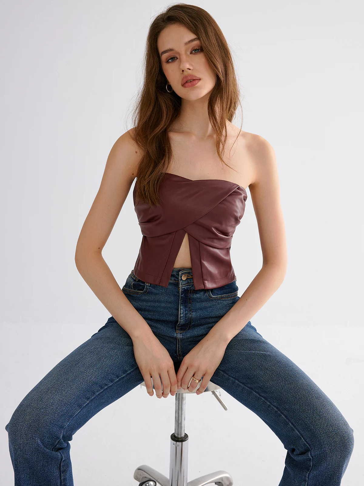 PU Strapless Criss-Cross Crop Top