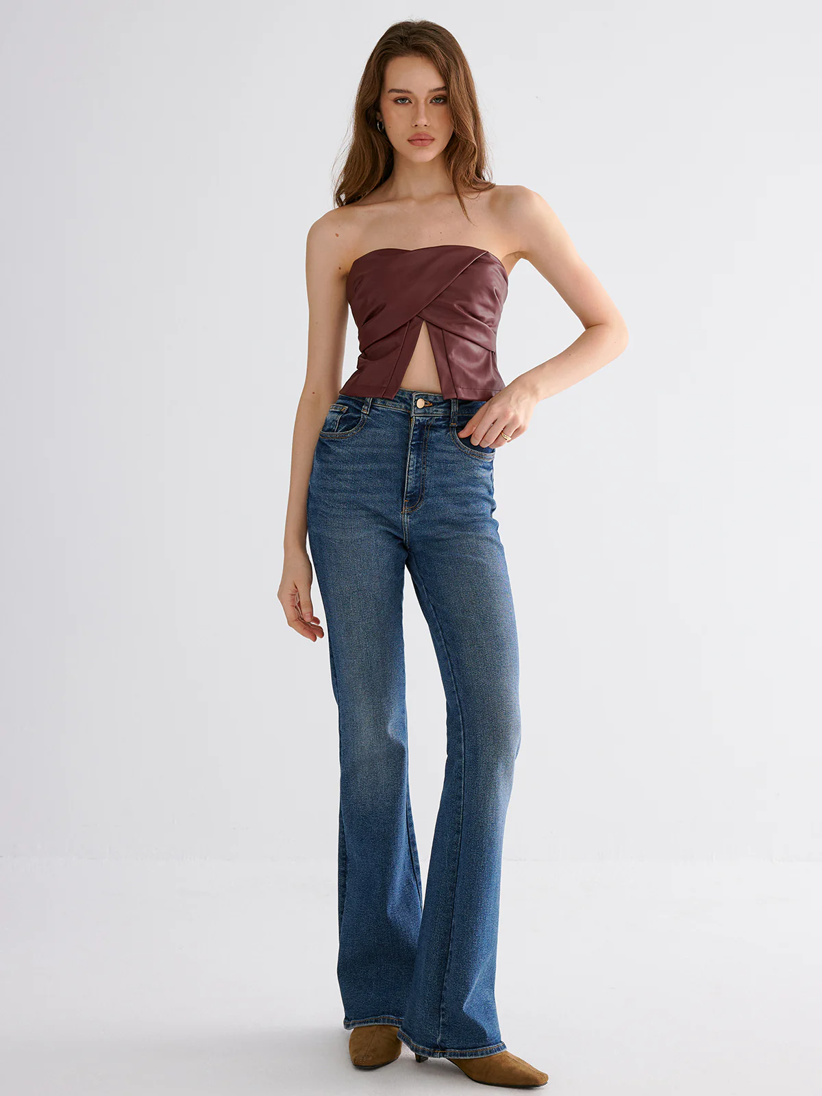 PU Strapless Criss-Cross Crop Top - Image 3