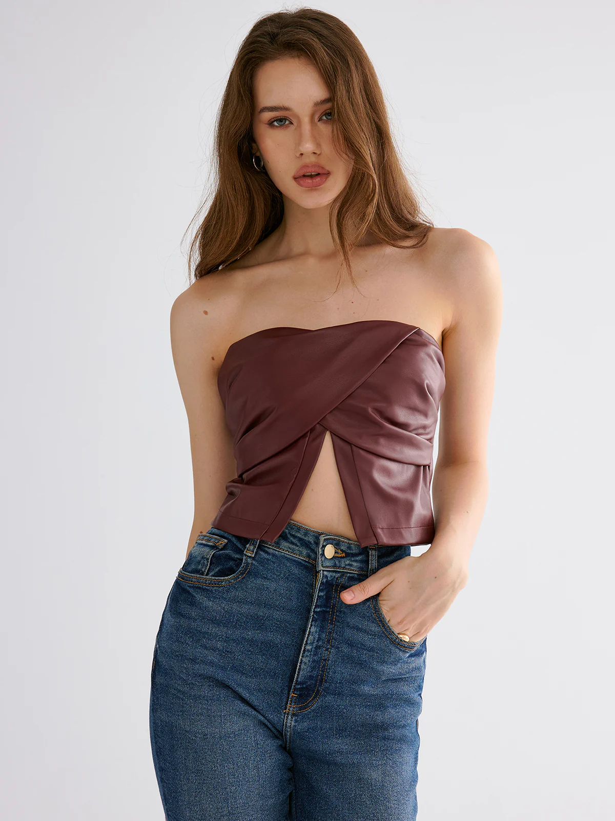 PU Strapless Criss-Cross Crop Top - Image 4