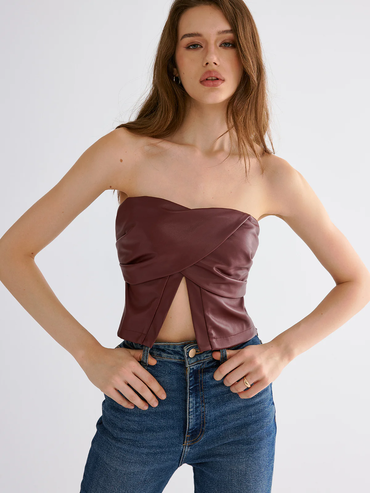 PU Strapless Criss-Cross Crop Top - Image 5