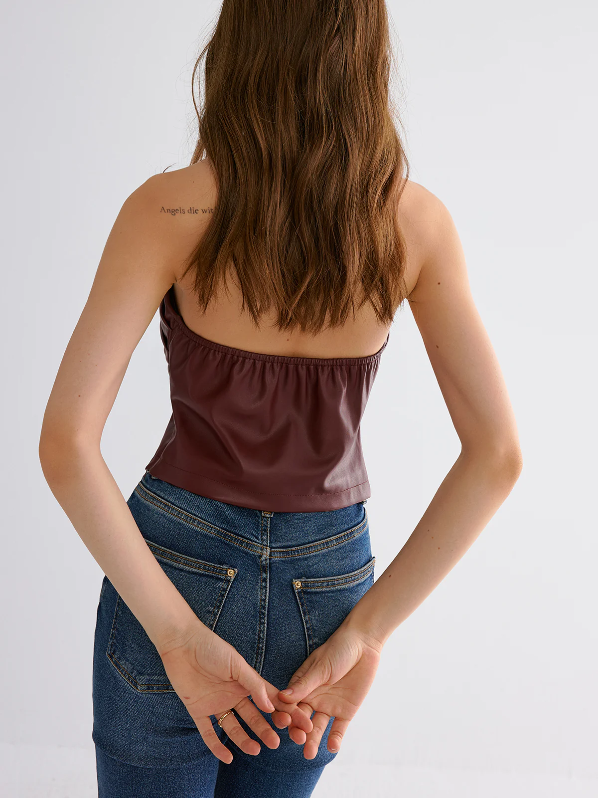 PU Strapless Criss-Cross Crop Top - Image 6