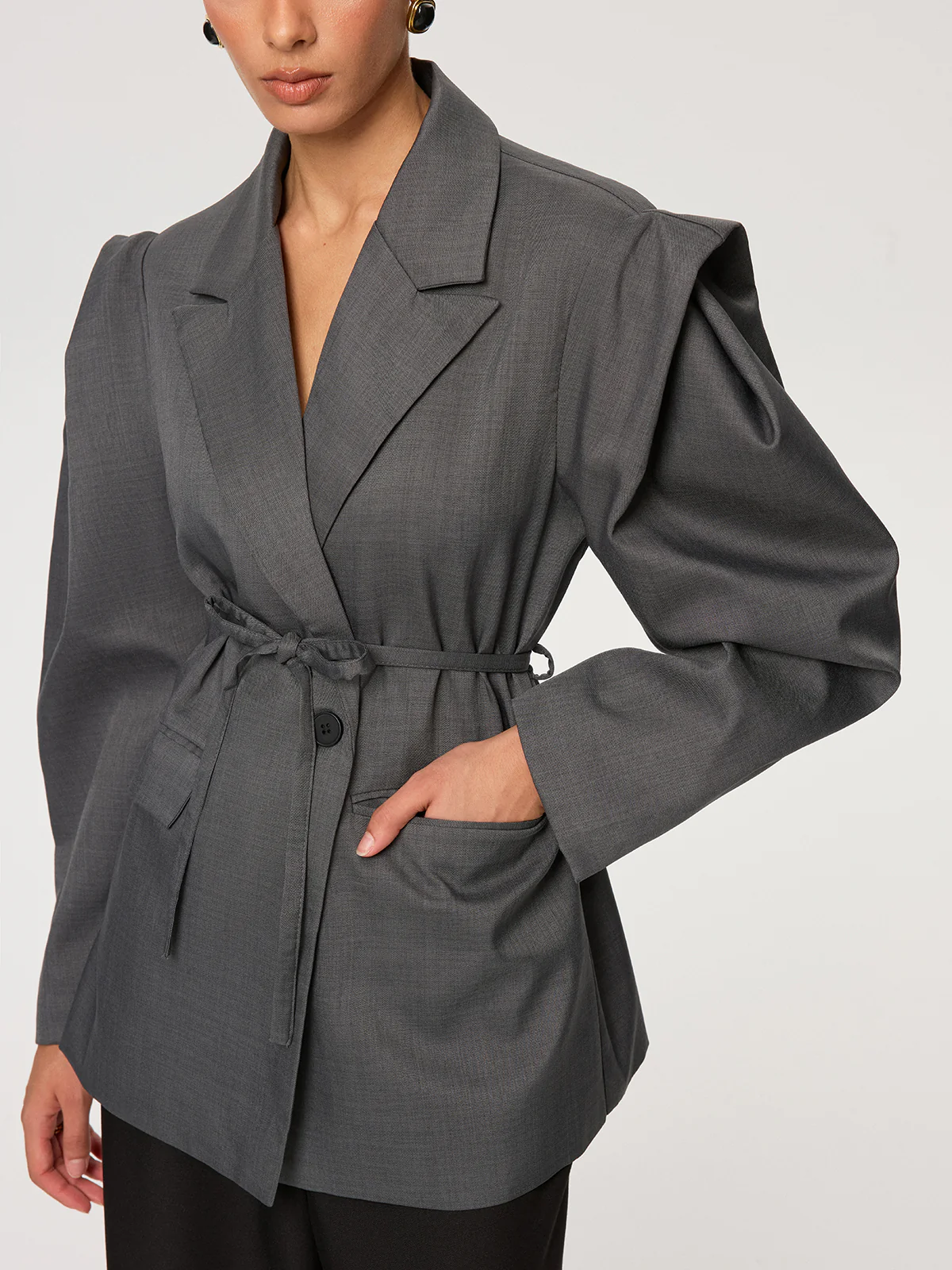 Puff Sleeve Blazer with Tie Belt - Image 2