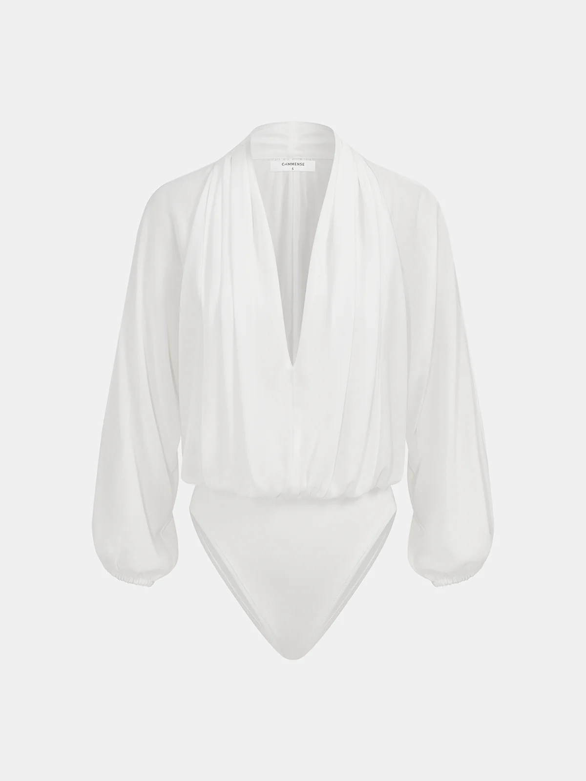 Puff Sleeve Draped Deep V-Neck Bodysuit - Image 2