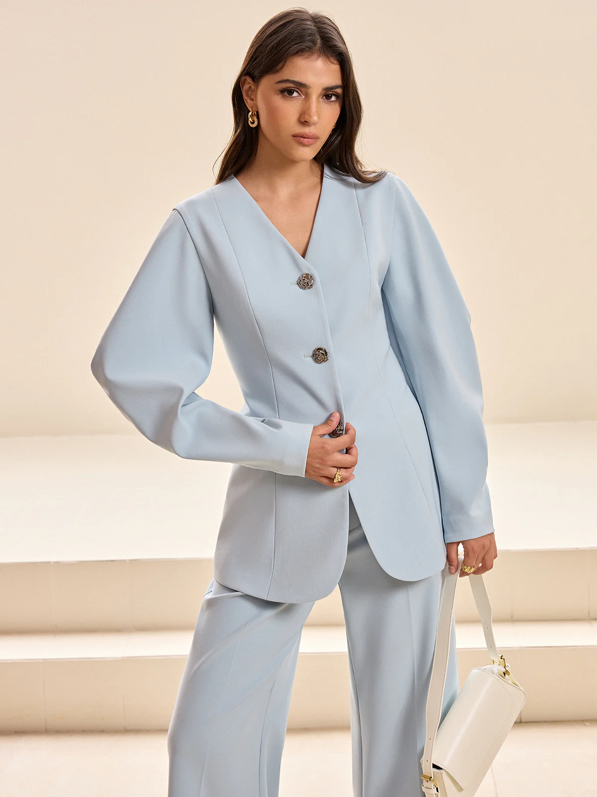 Puffed Sleeve V-Neck Blazer - Image 5