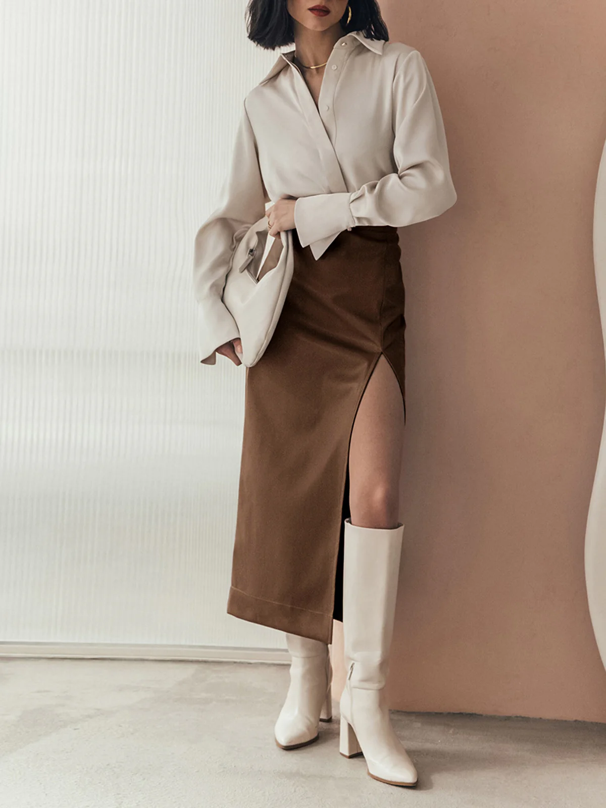 Quiet Luxury Faux Leather Slit Midi Skirt - Image 2