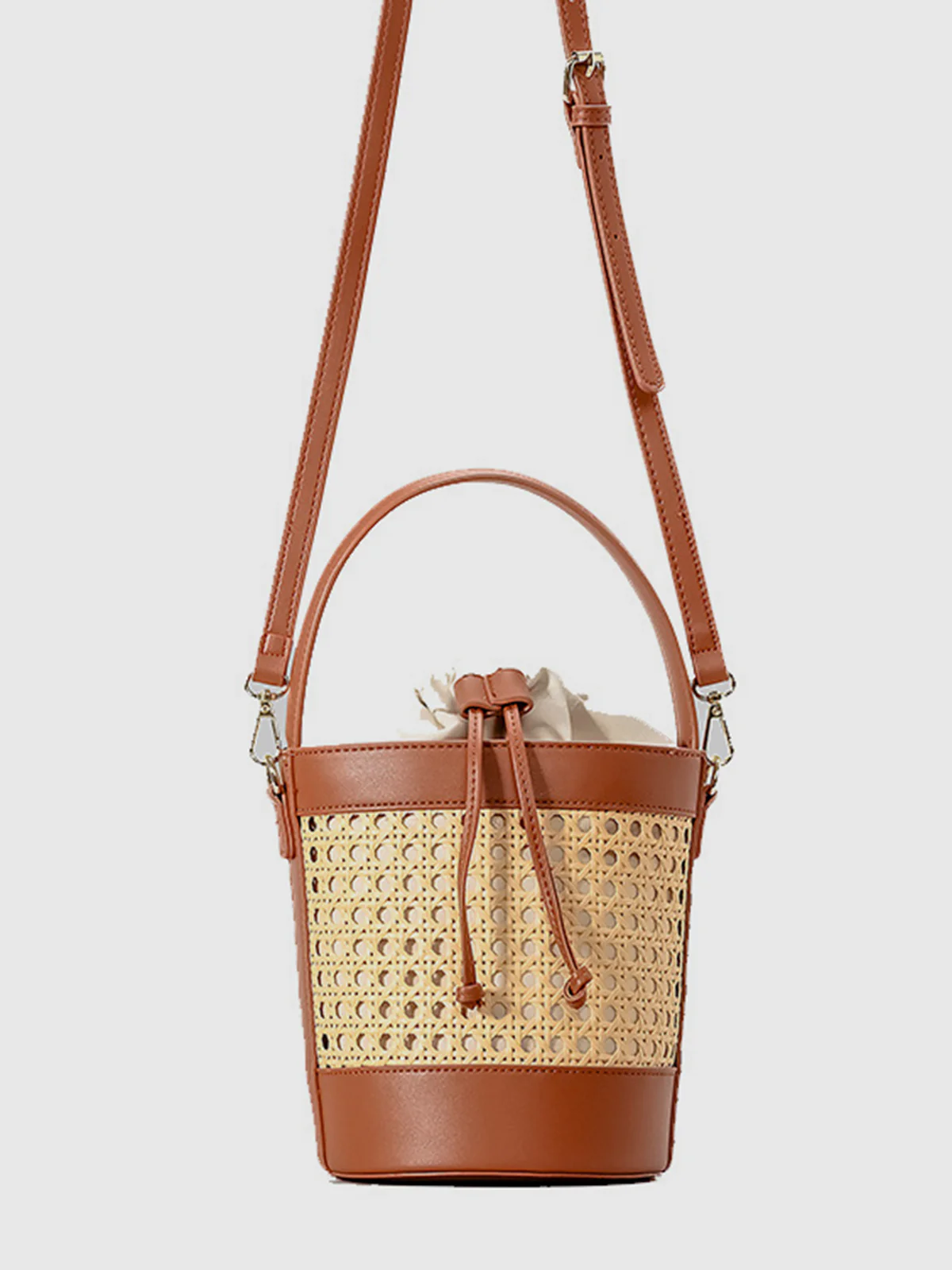 Rattan Accent Drawstring Bucket Bag - Image 3
