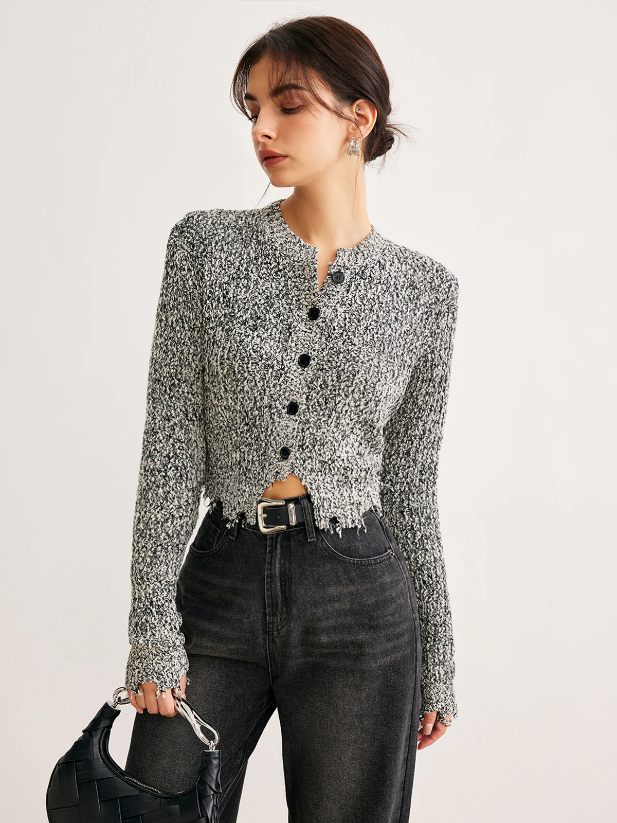 Raw Hem Button Slim Knit Top - Image 2