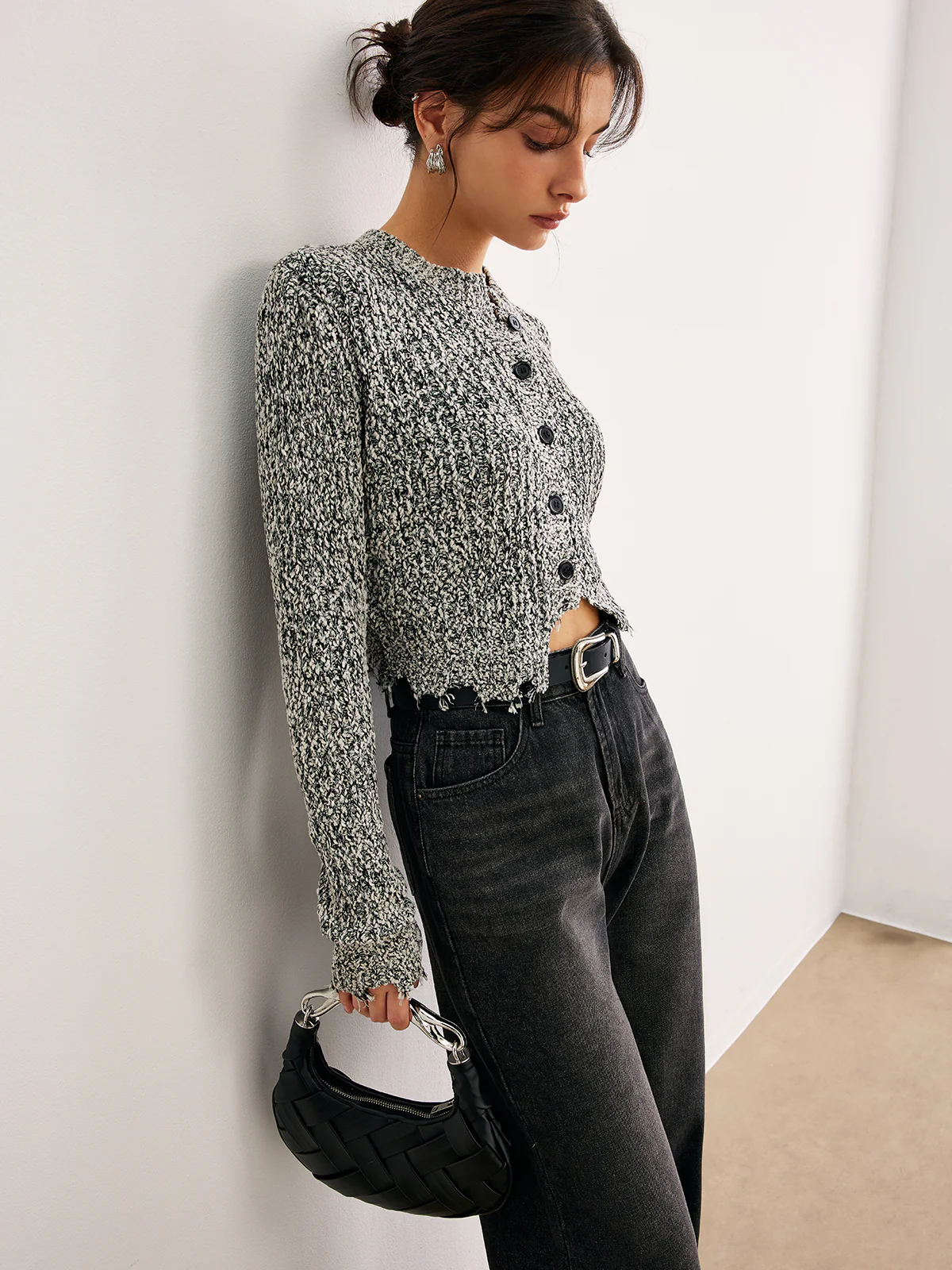 Raw Hem Button Slim Knit Top - Image 5