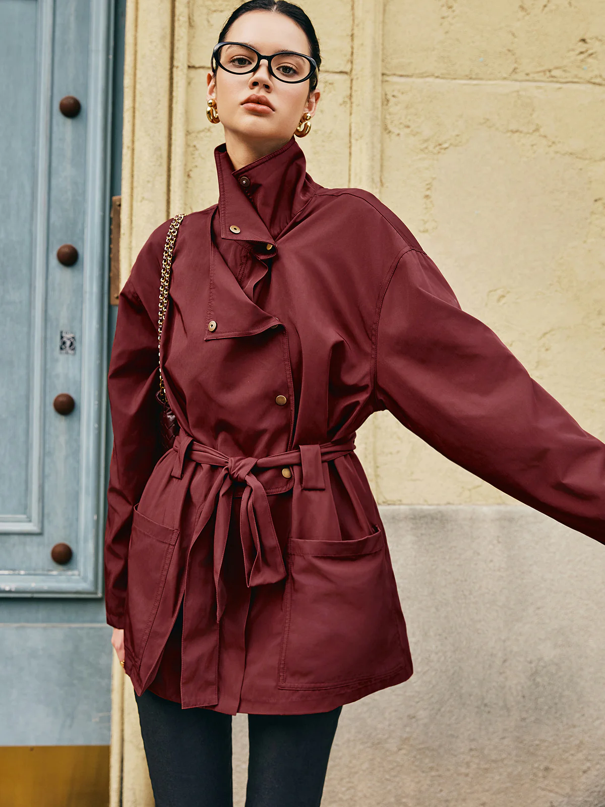 Retro Asymmetrical Belted Trench Coat - Image 3