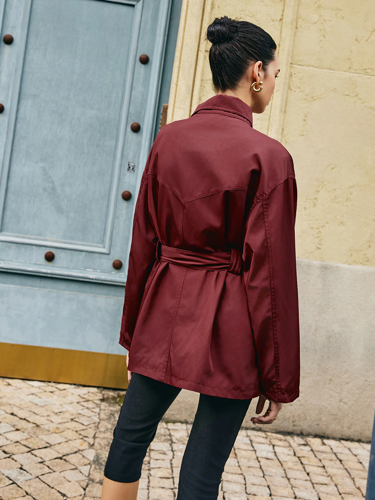 Retro Asymmetrical Belted Trench Coat - Image 6