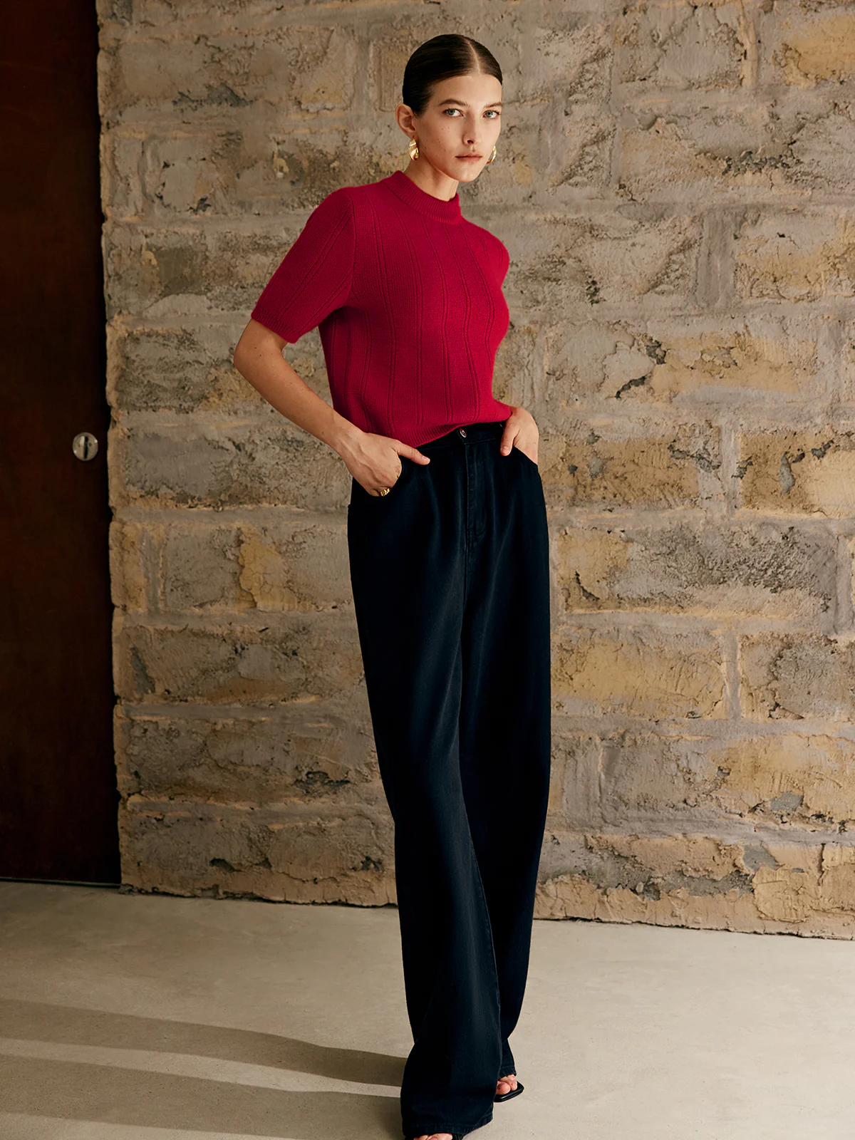 Retro Plain Ribbed Knit Top - Image 3