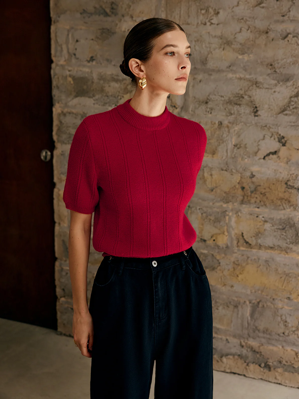 Retro Plain Ribbed Knit Top - Image 4
