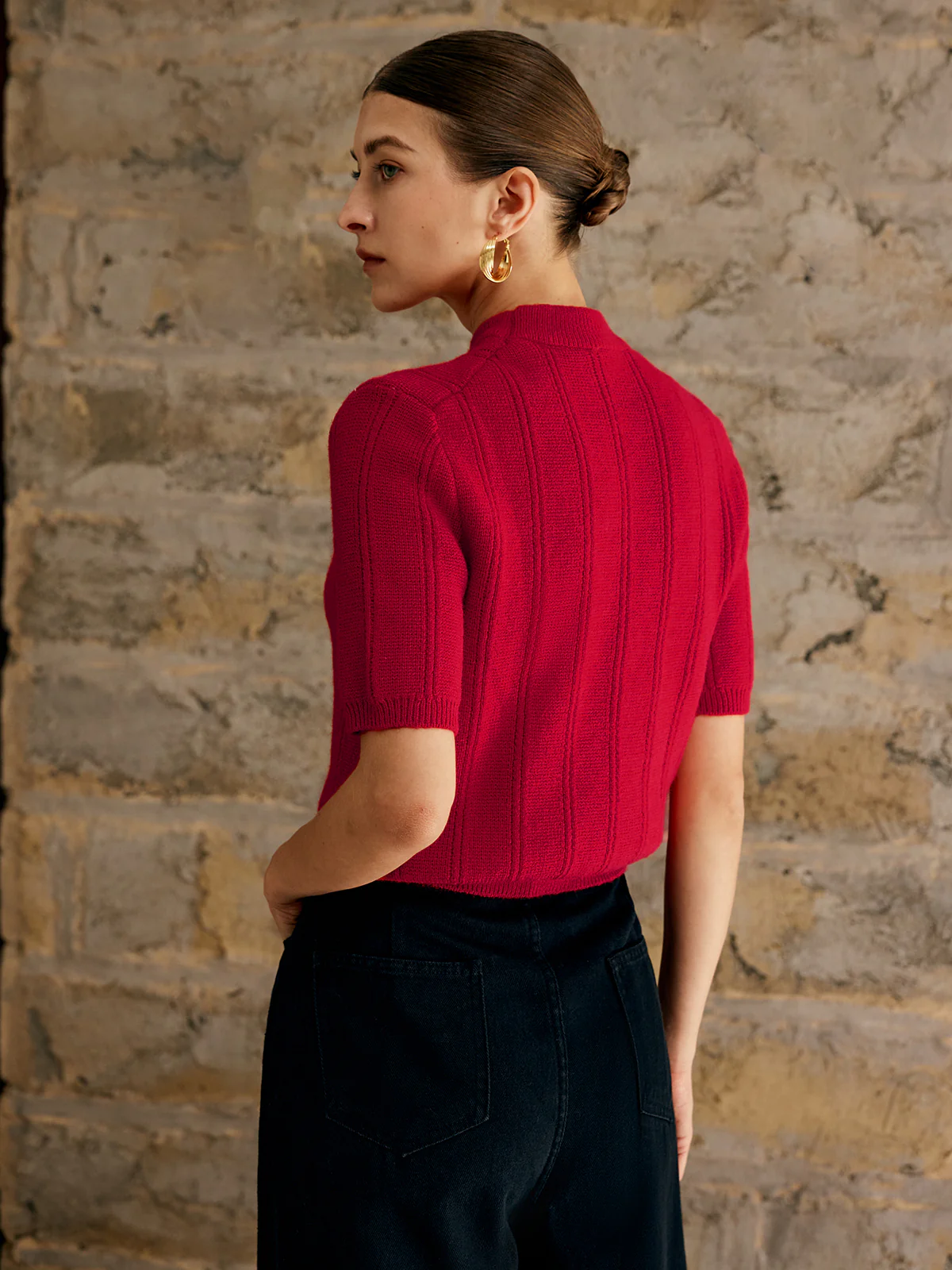 Retro Plain Ribbed Knit Top - Image 5