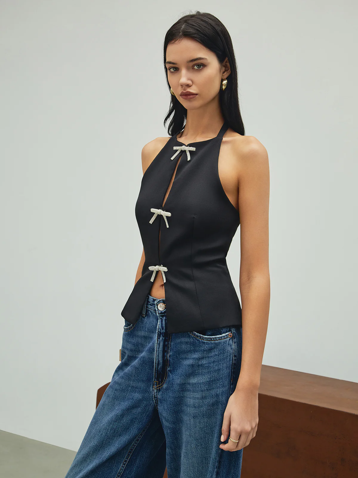 Rhinestone Bow Decor Halter Tank Top - Image 4