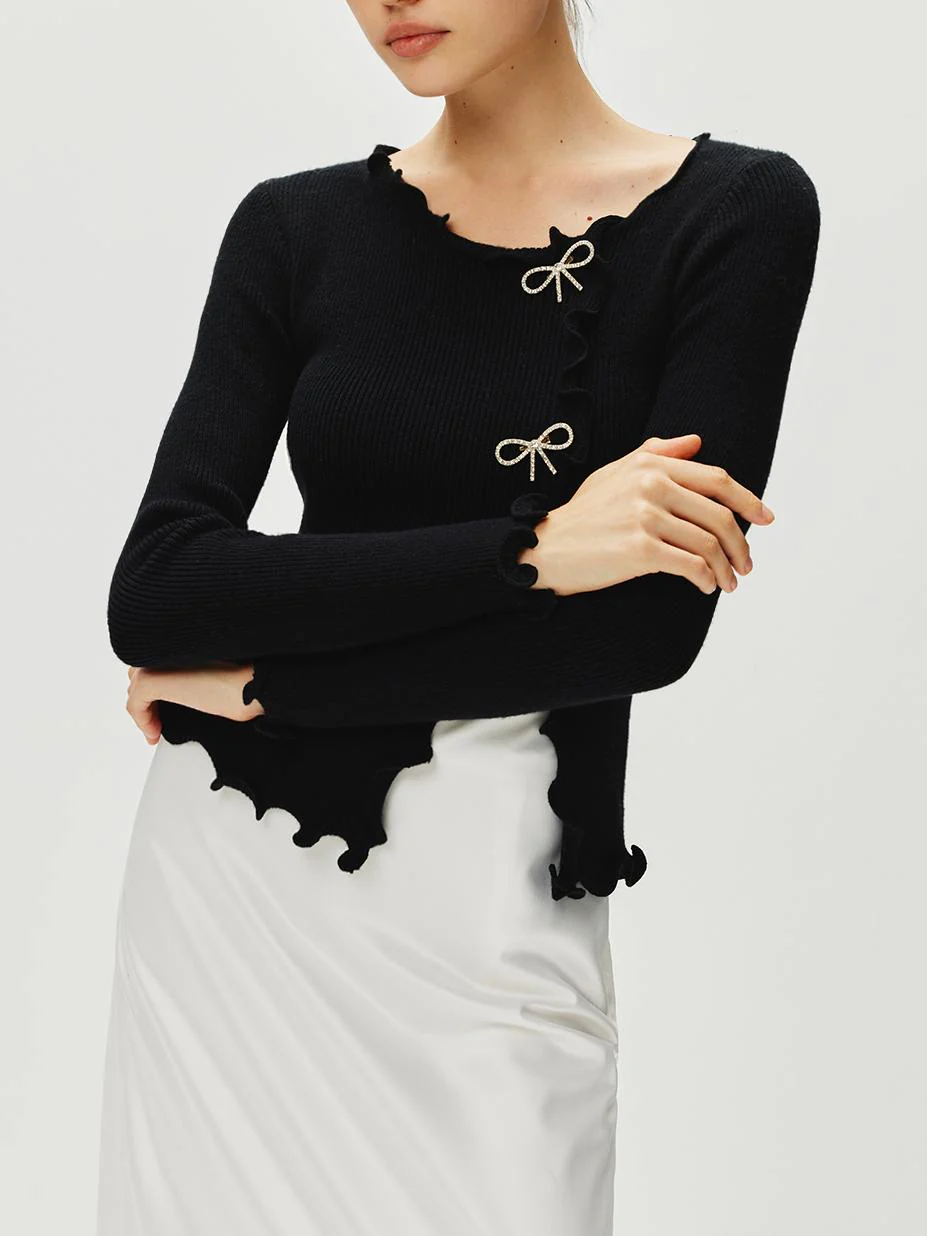 Rhinestone Bow Lettuce Trim Sweater - Image 3