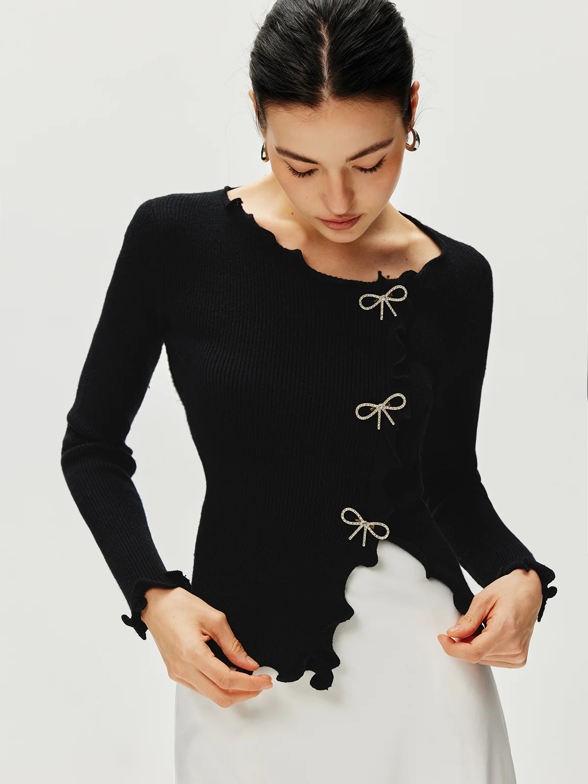 Rhinestone Bow Lettuce Trim Sweater - Image 4