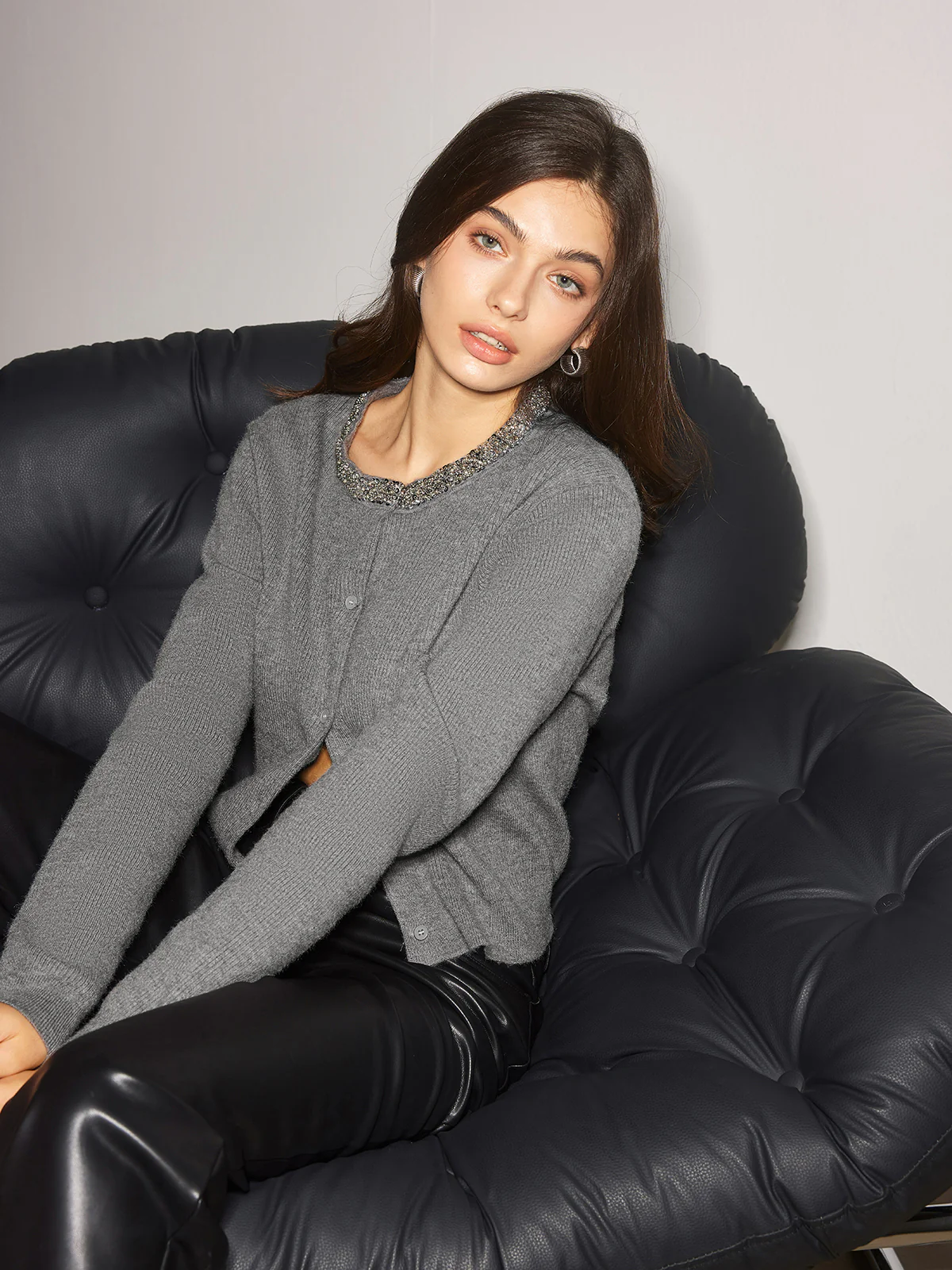 Rhinestone Neck Breasted Cardigan - Image 3
